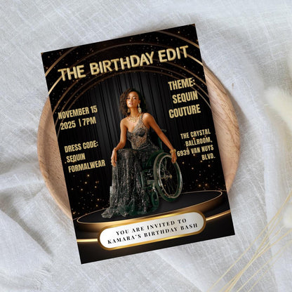 Black & Gold Magazine Birthday Invitation | Glam Party, Sequin Couture (Editable Canva Template)