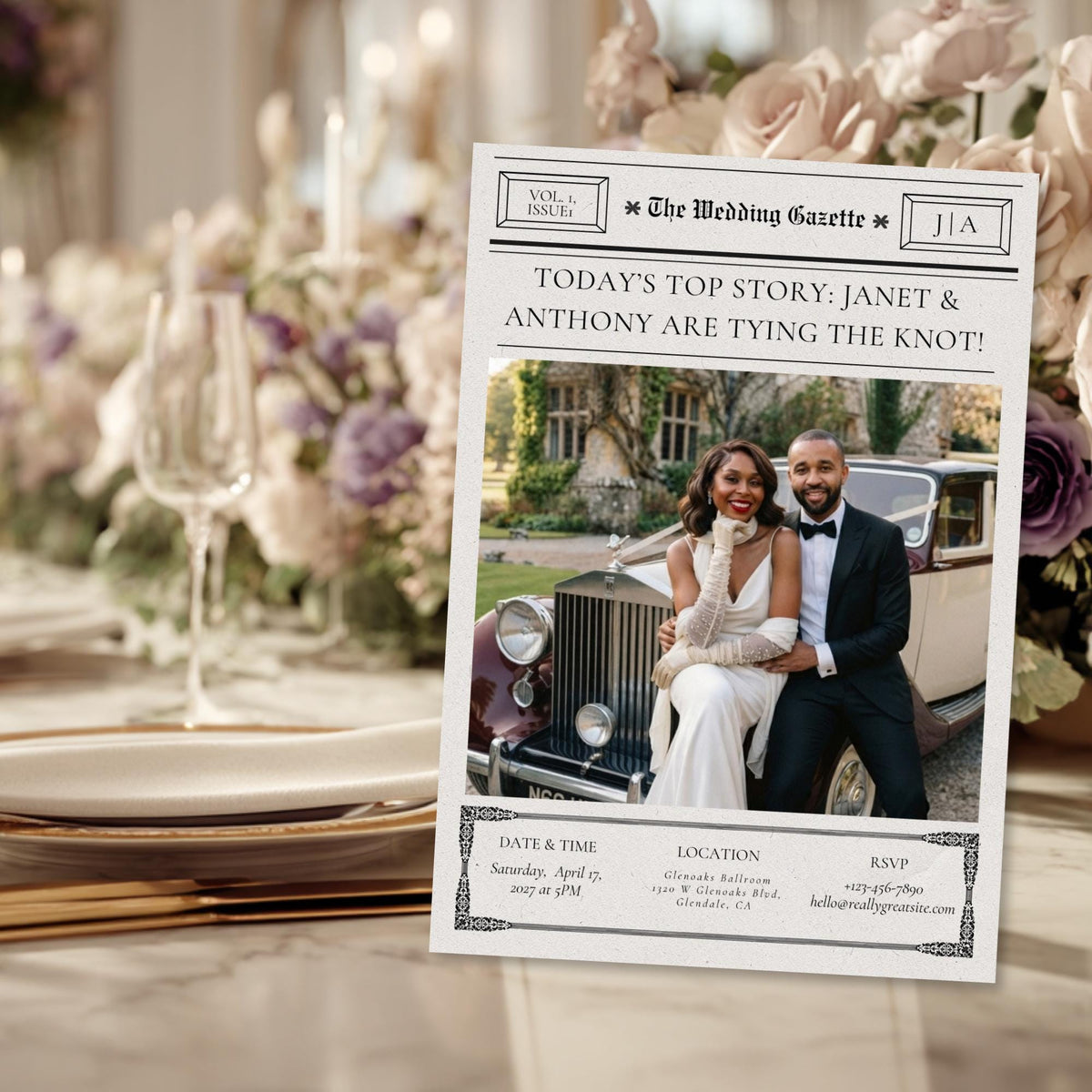 Newspaper-style wedding invitation card with couple photo and RSVP details