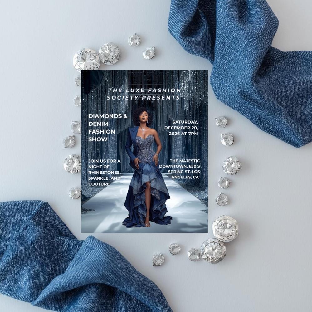 Diamonds & Denim Flyer Canva Template | Luxury Fashion Show Flyer | Editable Party Invite