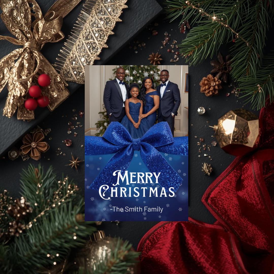 Royal blue Merry Christmas photo card with bow ribbon and featuring a family portrait