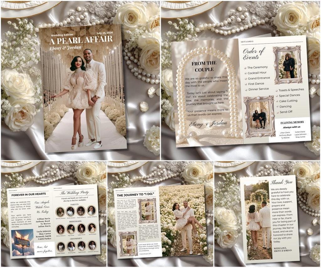 Wedding magazine program collage showing cover and several inside pages with event details