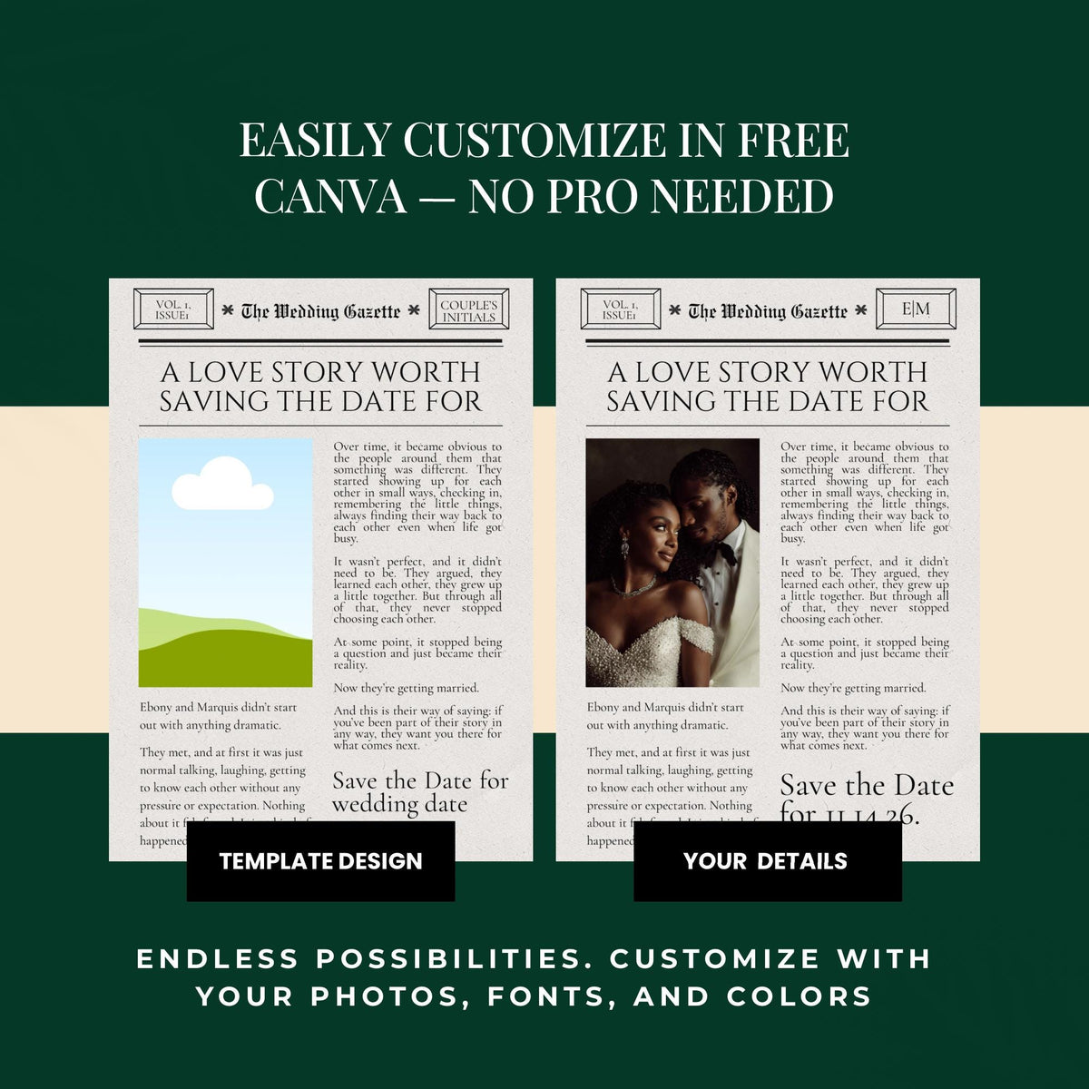 Canva editable save the date template preview with template design and your details