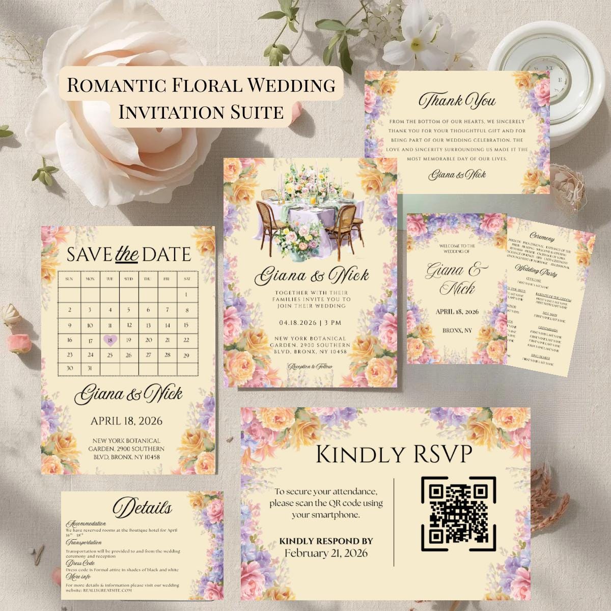 Romantic floral wedding invitation suite with save the date, RSVP, details, and thank you cards