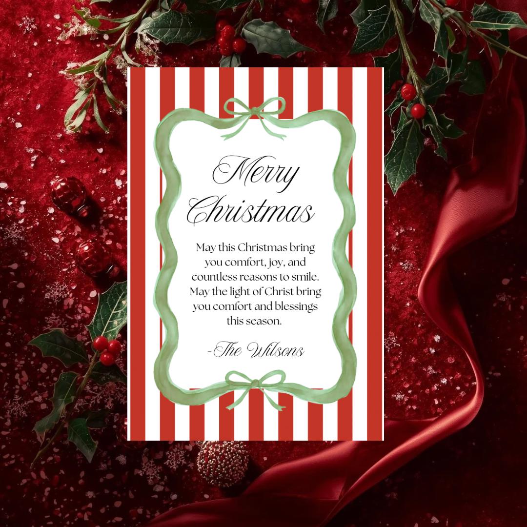 Green-framed 'Merry Christmas' holiday card with red-and-green vertical stripes and message.