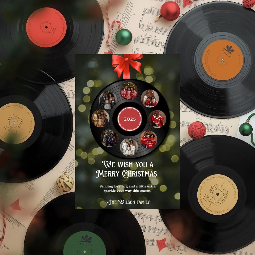 Christmas card template featuring a vinyl record wreath, “We wish you a Merry Christmas,” 2025.