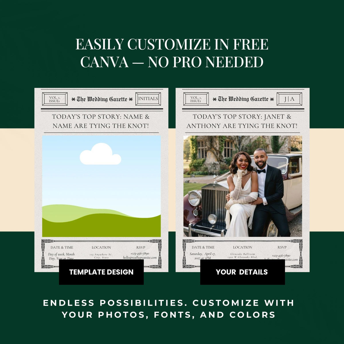 Newspaper-style wedding invitation template preview for free Canva customization