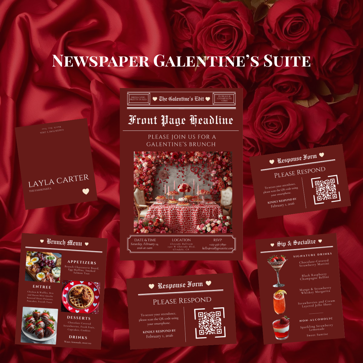 Galentine’s Brunch Event Suite Template | Luxury Editorial Newspaper Style Invitation, RSVP, Menu & Bar Menu | Canva