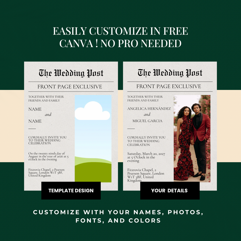 Editorial Newspaper Wedding Invitation Canva Template | Modern Wedding Invite | 5x7 Printable