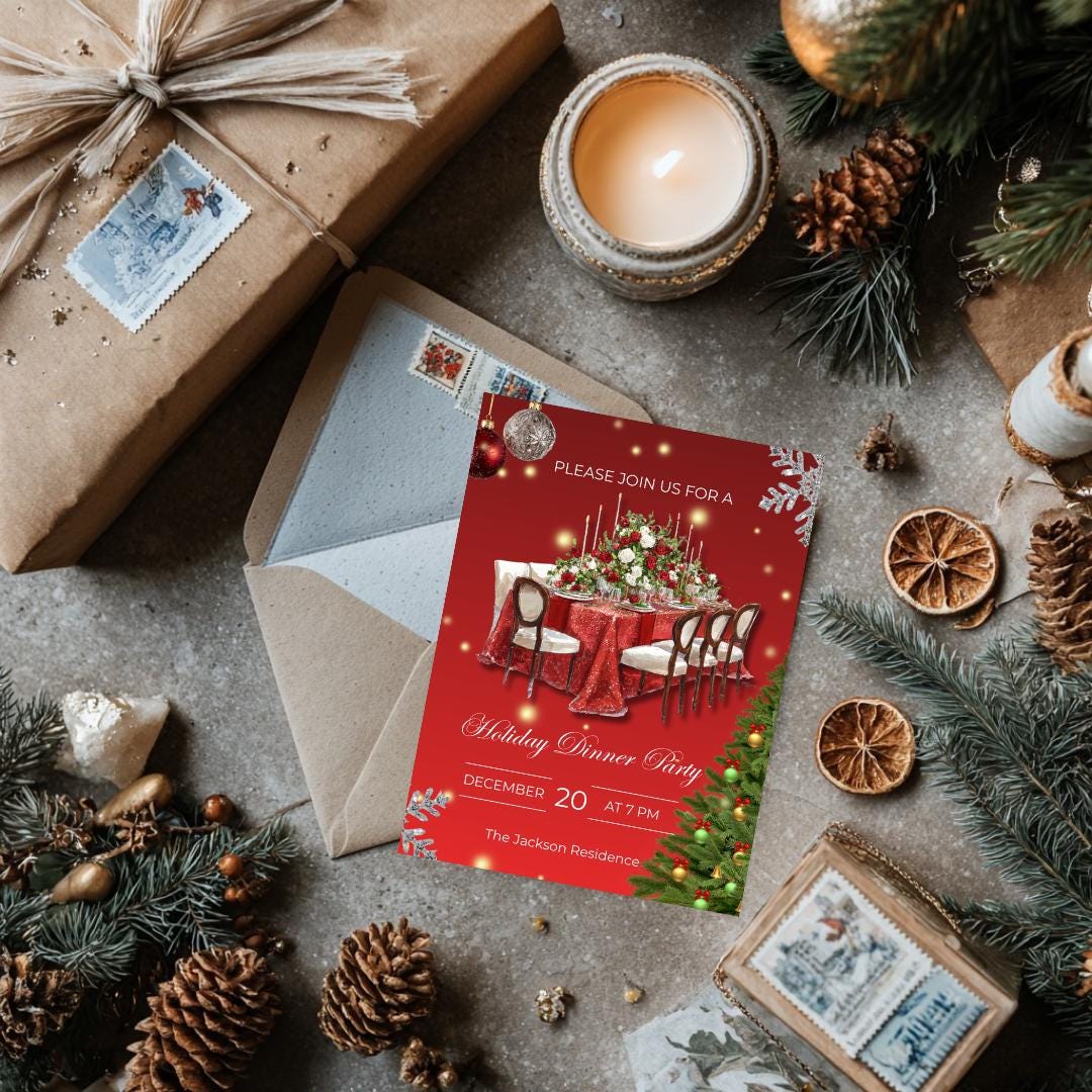 Holiday Dinner Party Invitation | Glam Christmas Dinner Invite | Elegant Red Christmas Party Template (Canva)