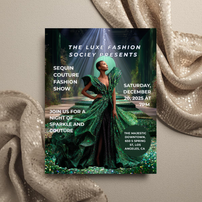 Sequin Couture Flyer Canva Template | Luxury Runway Event Flyer | Glam Fashion Show Invitation | Gold Sequin Party Flyer | Editable Canva Template