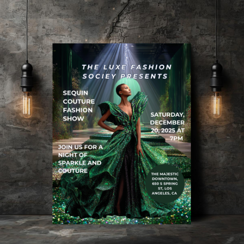 Sequin Couture Flyer Canva Template | Luxury Runway Event Flyer | Glam Fashion Show Invitation | Gold Sequin Party Flyer | Editable Canva Template