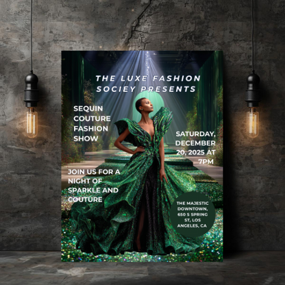 Sequin Couture Flyer Canva Template | Luxury Runway Event Flyer | Glam Fashion Show Invitation | Gold Sequin Party Flyer | Editable Canva Template