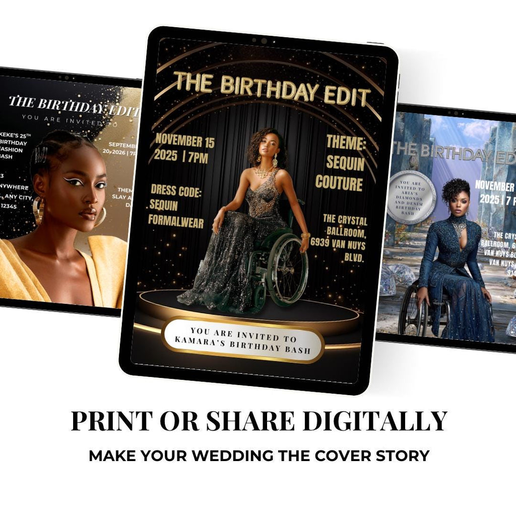 Black & Gold Magazine Birthday Invitation | Glam Party, Sequin Couture | Done for you Design
