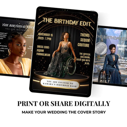 Black & Gold Magazine Birthday Invitation | Glam Party, Sequin Couture (Editable Canva Template)
