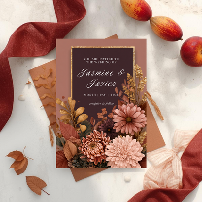 Burgundy Floral Wedding Invitation Template | Fall Printable Canva Design | Maroon Gold Invite