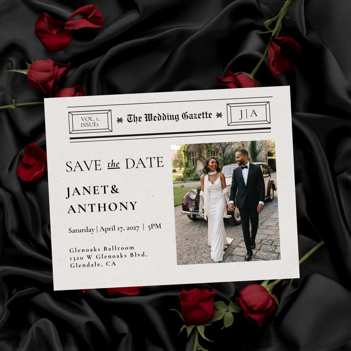 Newspaper-style save the date postcard template with couple photo, names, and venue text