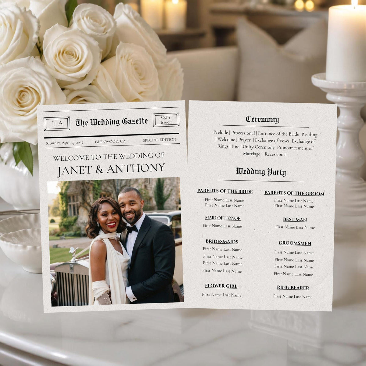 Newspaper-style wedding program template with ceremony and party sections, open view