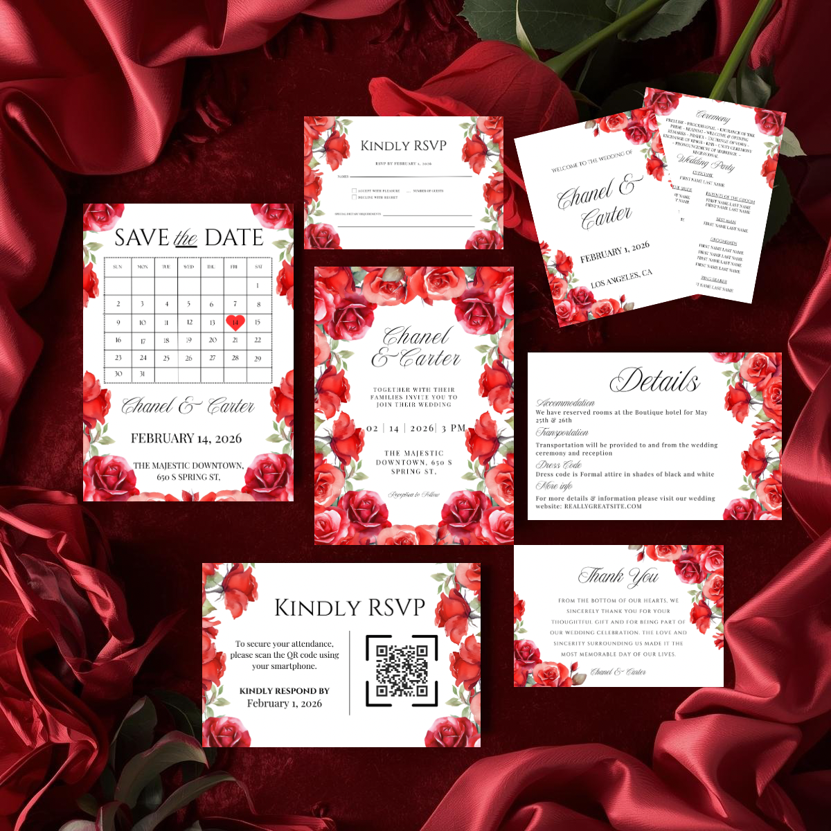 Red Rose Wedding Invitation Suite Template | Romantic Floral Wedding Suite | Editable Canva Wedding Invitations | Printable Invite Set
