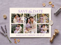 White Save the Date photo card with lavender floral photo collage and names/date