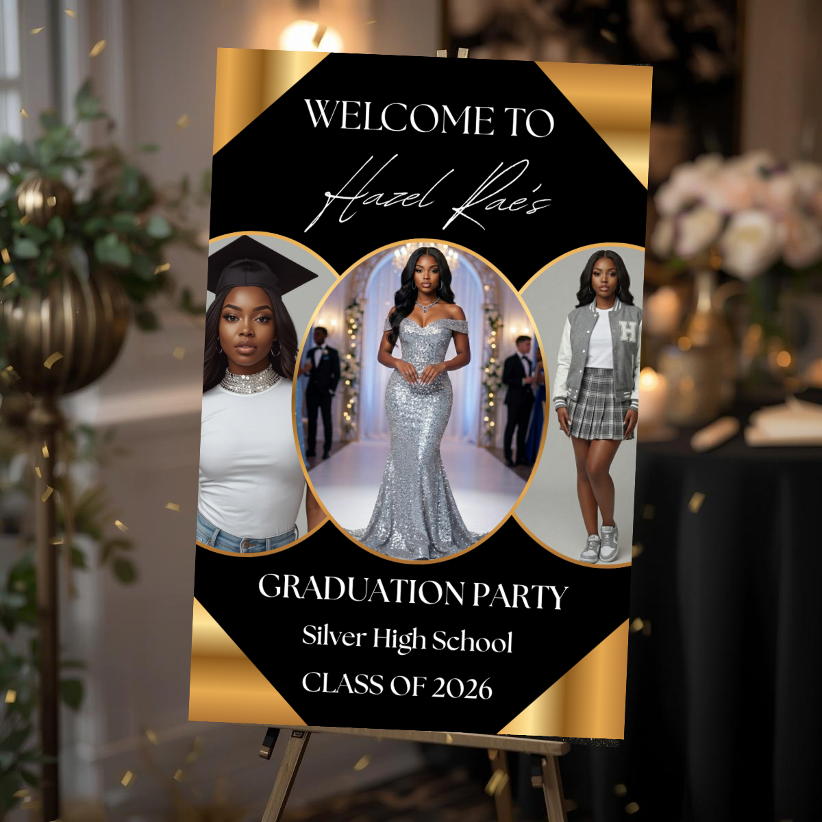 Graduation Welcome Sign Template Editable in Canva | Black Gold Photo Graduation Poster