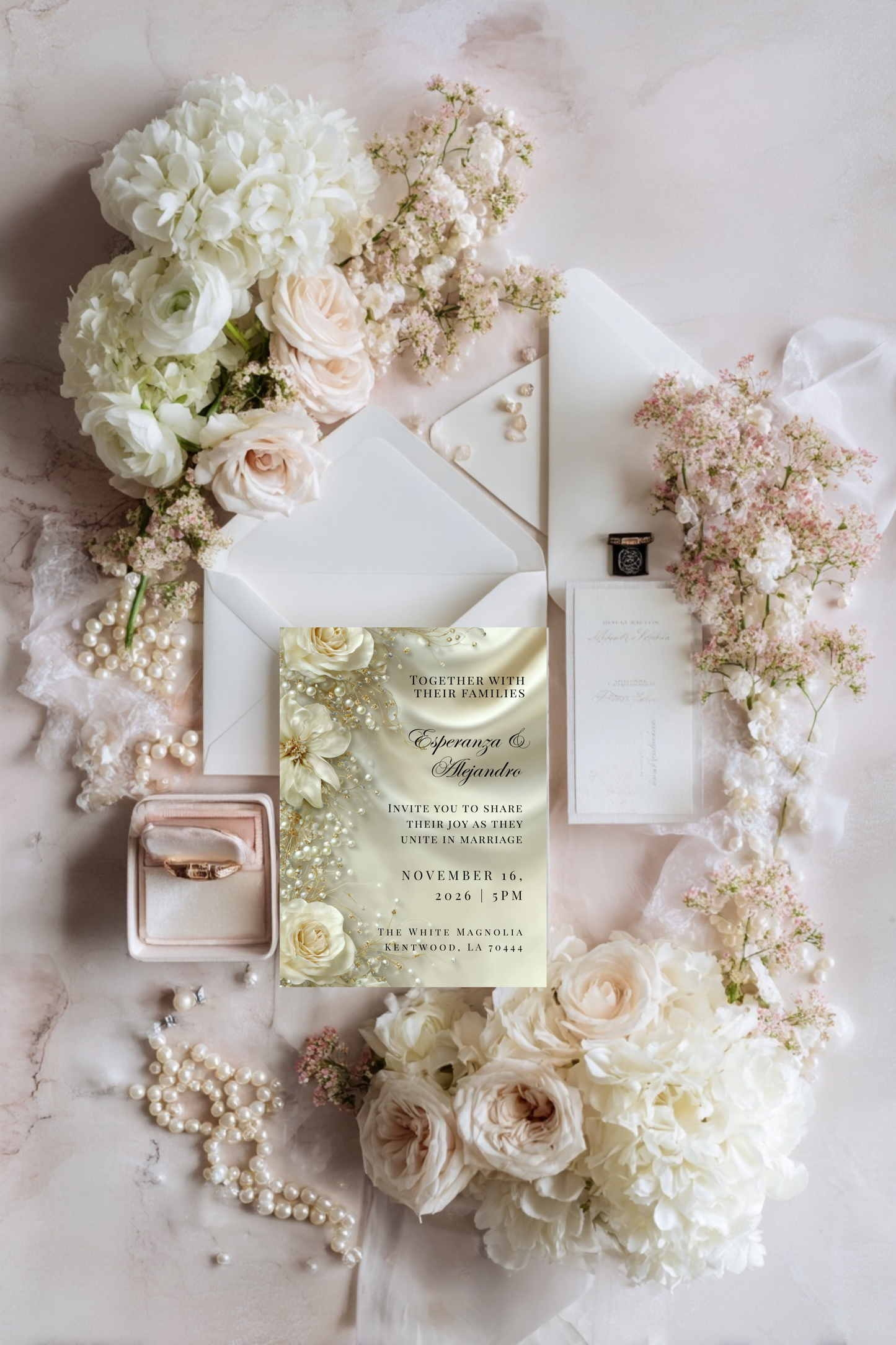 Luxury Satin & Pearl Wedding Invitation | Glamorous Bridal Invitation Template | Editable Canva Design