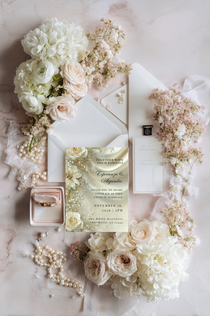 Luxury Satin & Pearl Wedding Invitation | Glamorous Bridal Invitation Template | Editable Canva Design