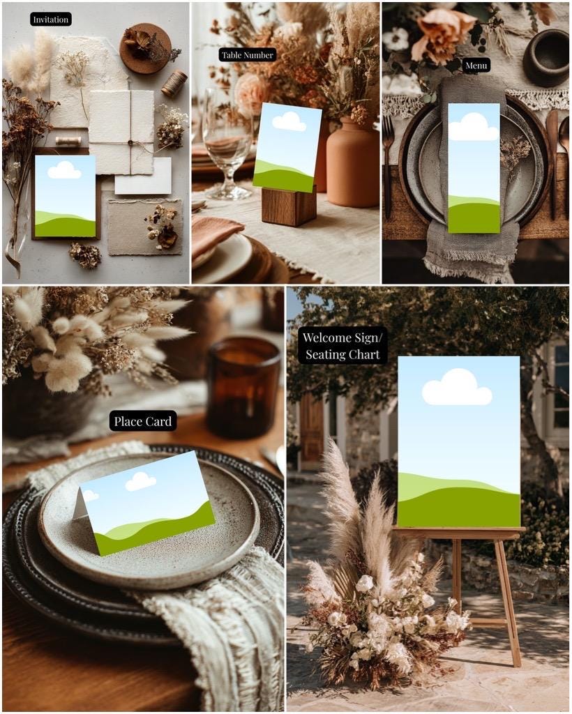 Wedding invitation, table number, menu, and place card mockups with landscape design
