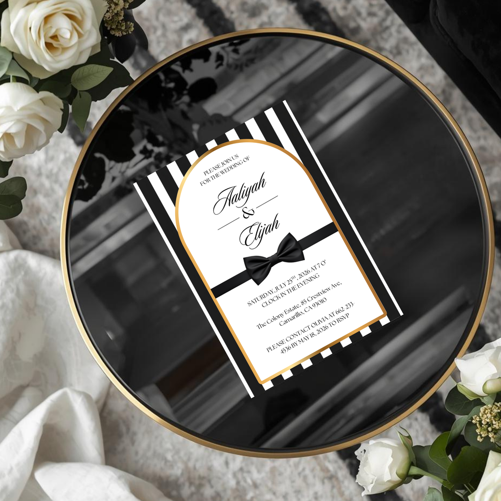 Black Tie Wedding Invitation | Editable Canva Template | Striped black and white