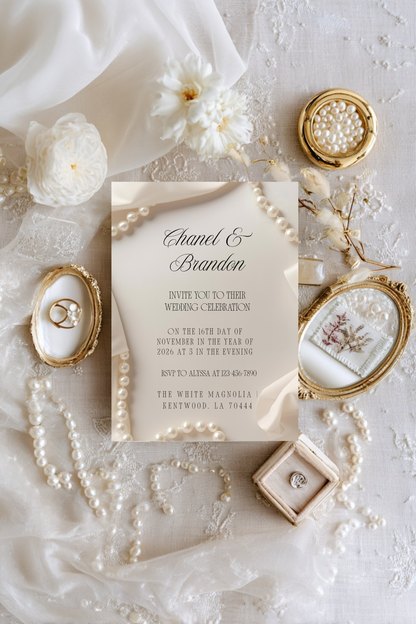 Minimal Pearl Wedding Invitation Template | Modern Elegant Bridal Suite | Editable Canva Invitation