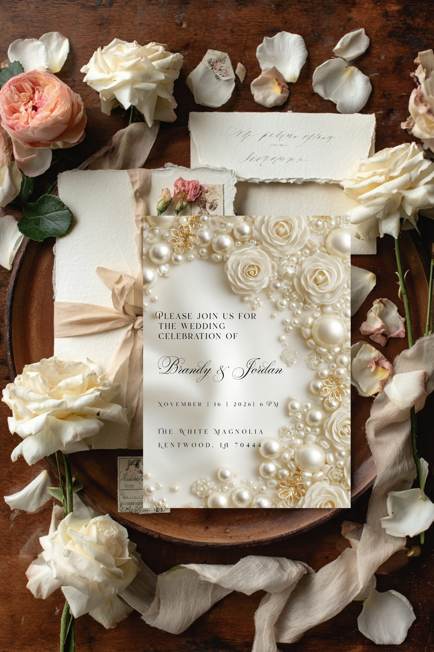 Floral Pearl Wedding Invitation Template | Luxury Glamorous Bridal Invite | Editable Canva Stationery
