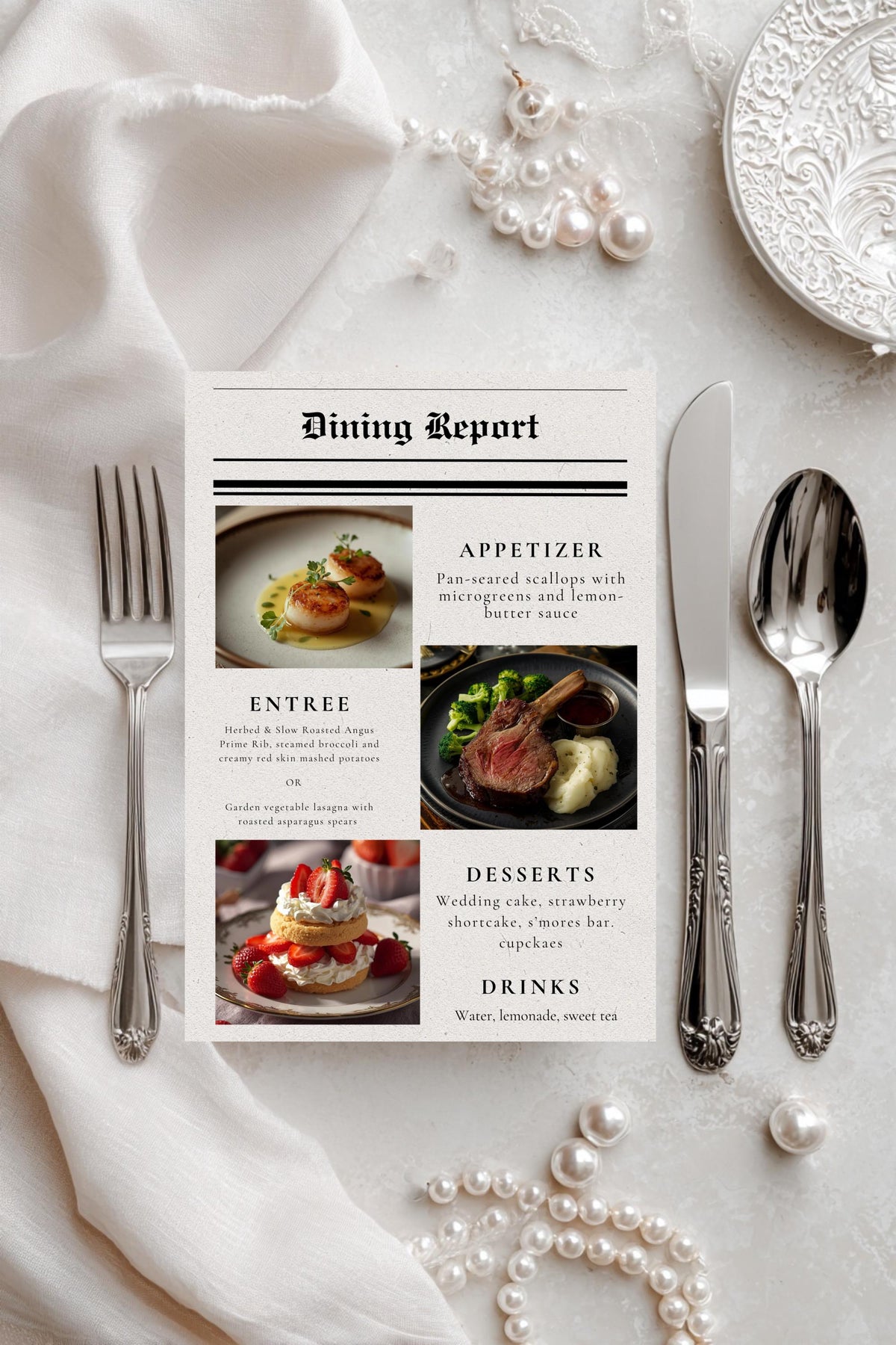 Wedding dinner report menu card with photos for appetizer, entree, desserts, drinks