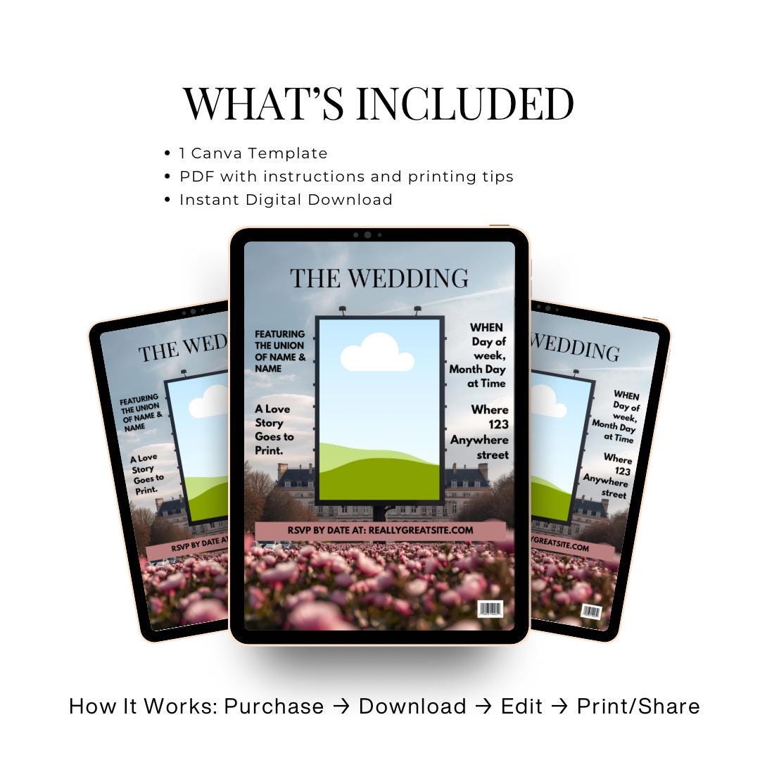 Wedding invitation template bundle screen showing 1 Canva template and instant download