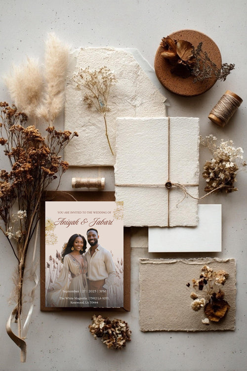Wedding invitation mockup and stacked cards on cream textured paper with dried florals
