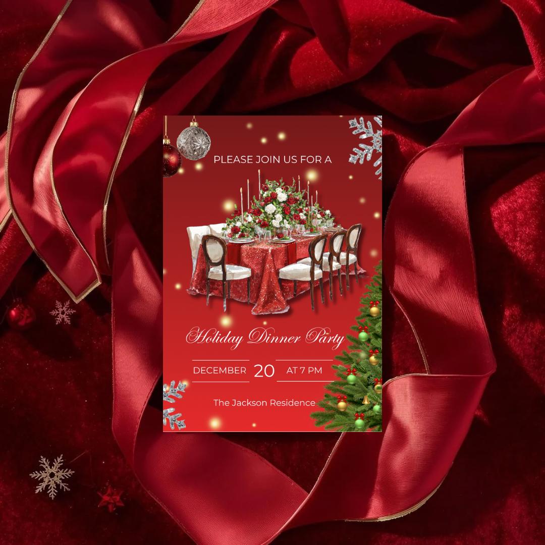 Holiday Dinner Party Invitation | Glam Christmas Dinner Invite | Elegant Red Christmas Party Template (Canva)