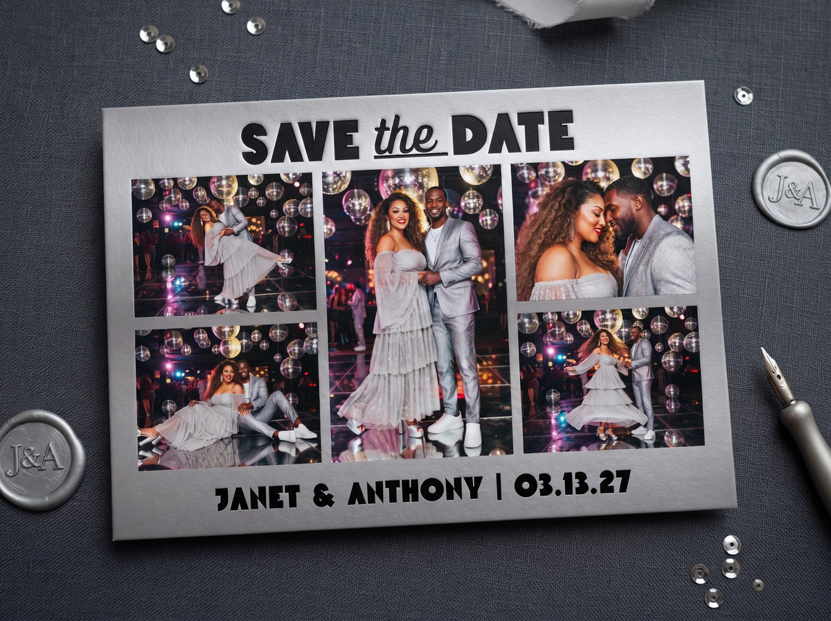 White Save the Date photo card with colorful event photo collage and names/date