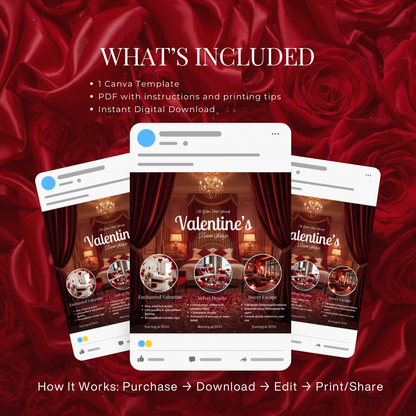 Valentine’s Room Setup Flyer | Velvet Luxe Room Decor Price List |Editable Canva Template for Service Packages