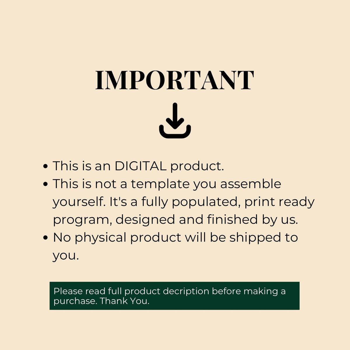 Wedding magazine program instruction card stating it is a digital product