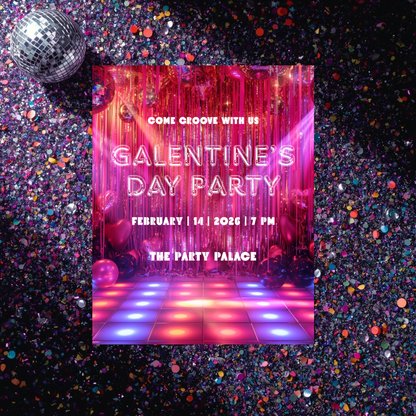 Galentine’s Day Party Invitation Template | Disco Pink Night Party | Editable Canva Template