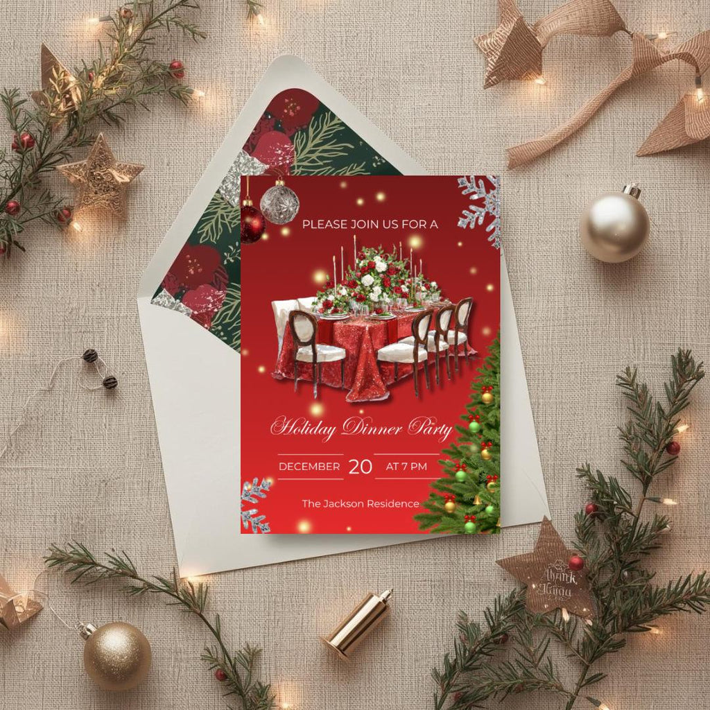 Holiday Dinner Party Invitation | Glam Christmas Dinner Invite | Elegant Red Christmas Party Template (Canva)