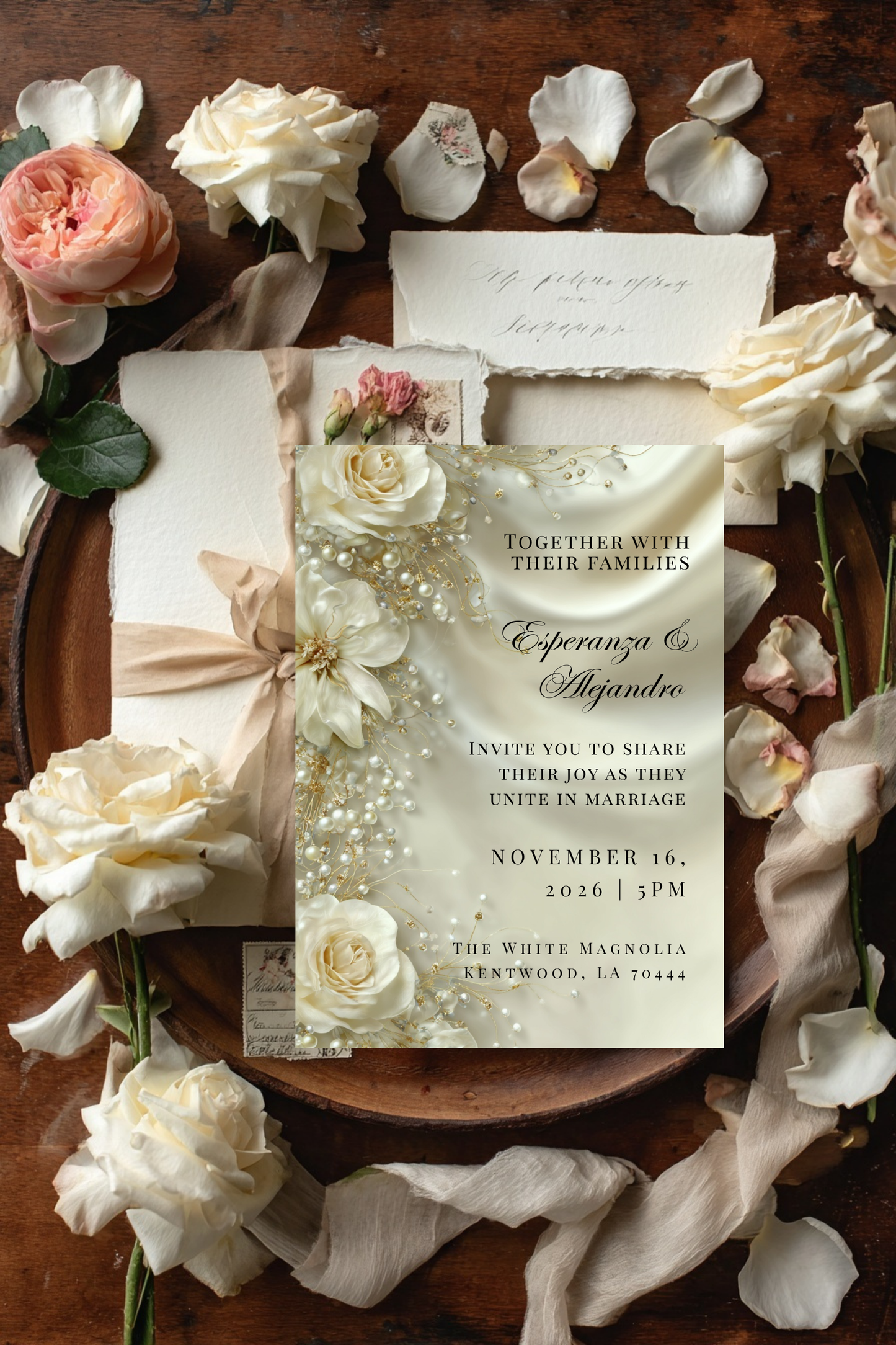 Luxury Satin & Pearl Wedding Invitation | Glamorous Bridal Invitation Template | Editable Canva Design