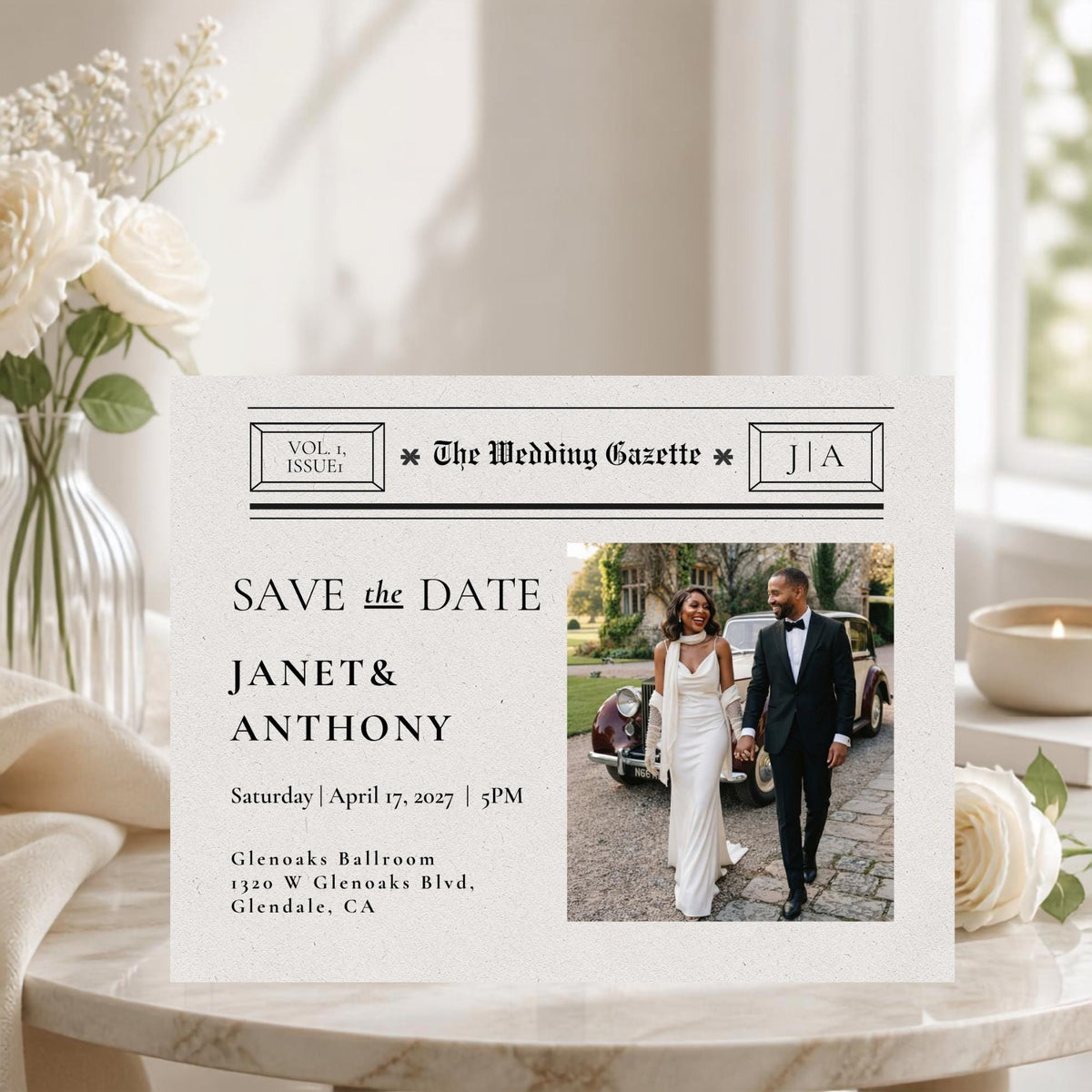 Newspaper-style save the date postcard template with couple photo and wedding details