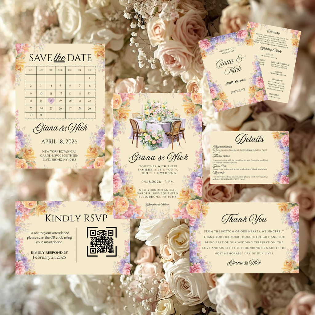 Romantic Floral Wedding Invitation Suite Canva Template | Editable Save the Date, RSVP, Details, Thank You