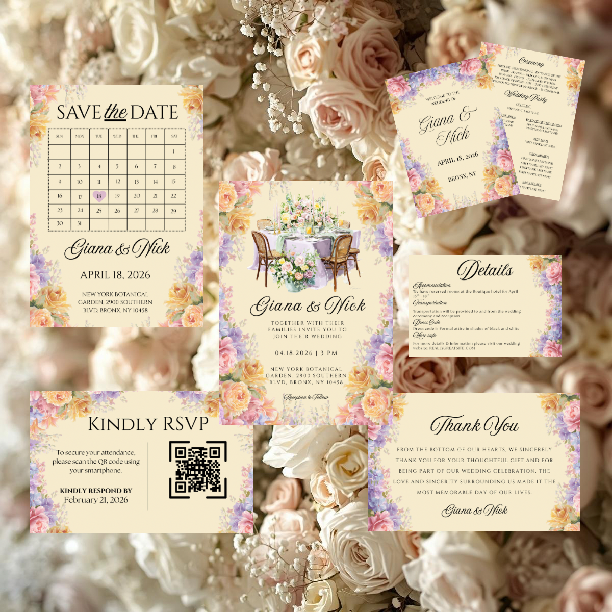 Romantic Floral Wedding Invitation Suite Canva Template | Editable Save the Date, RSVP, Details, Thank You