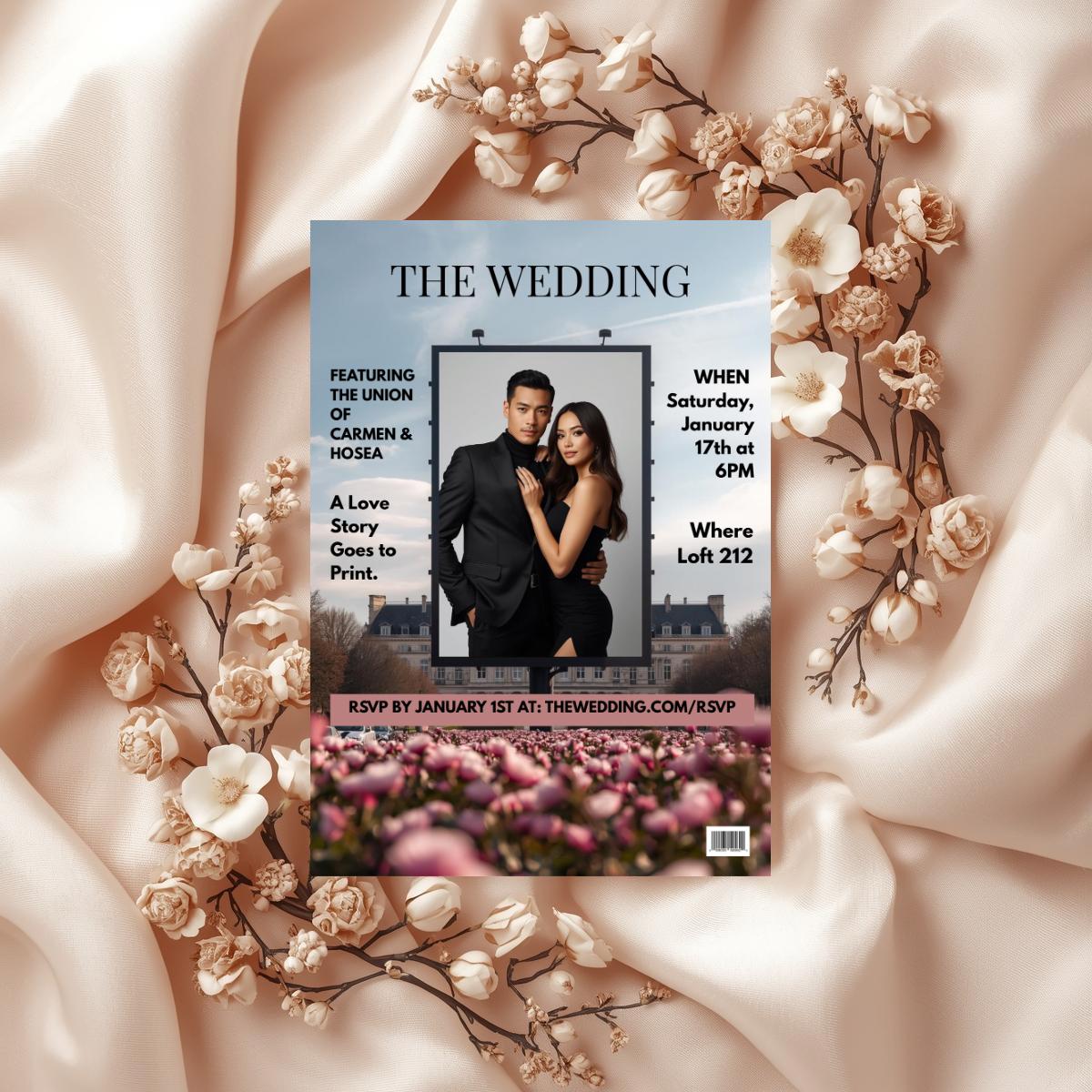 Billboard wedding invitation template with couple photo, date, venue, and RSVP details