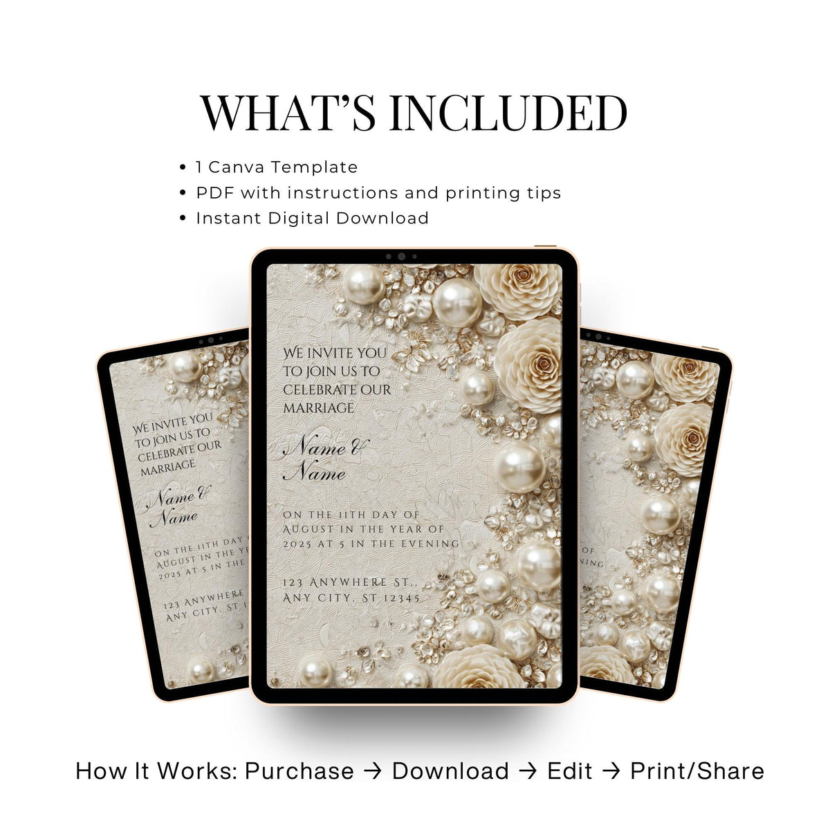 Wedding invite digital template preview on tablets with “WHAT’S INCLUDED” section
