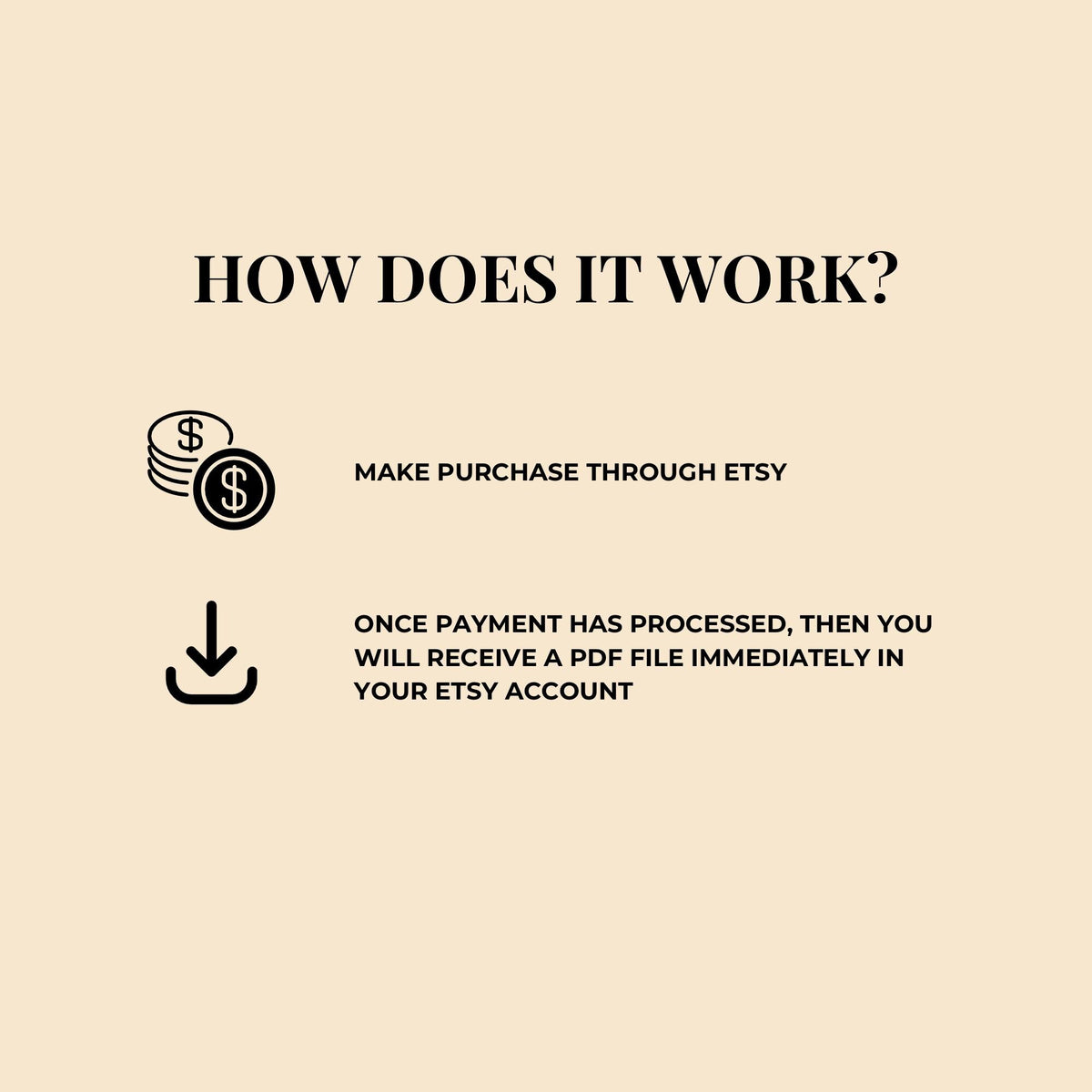 How it works screen for instant download: purchase, then receive a PDF file