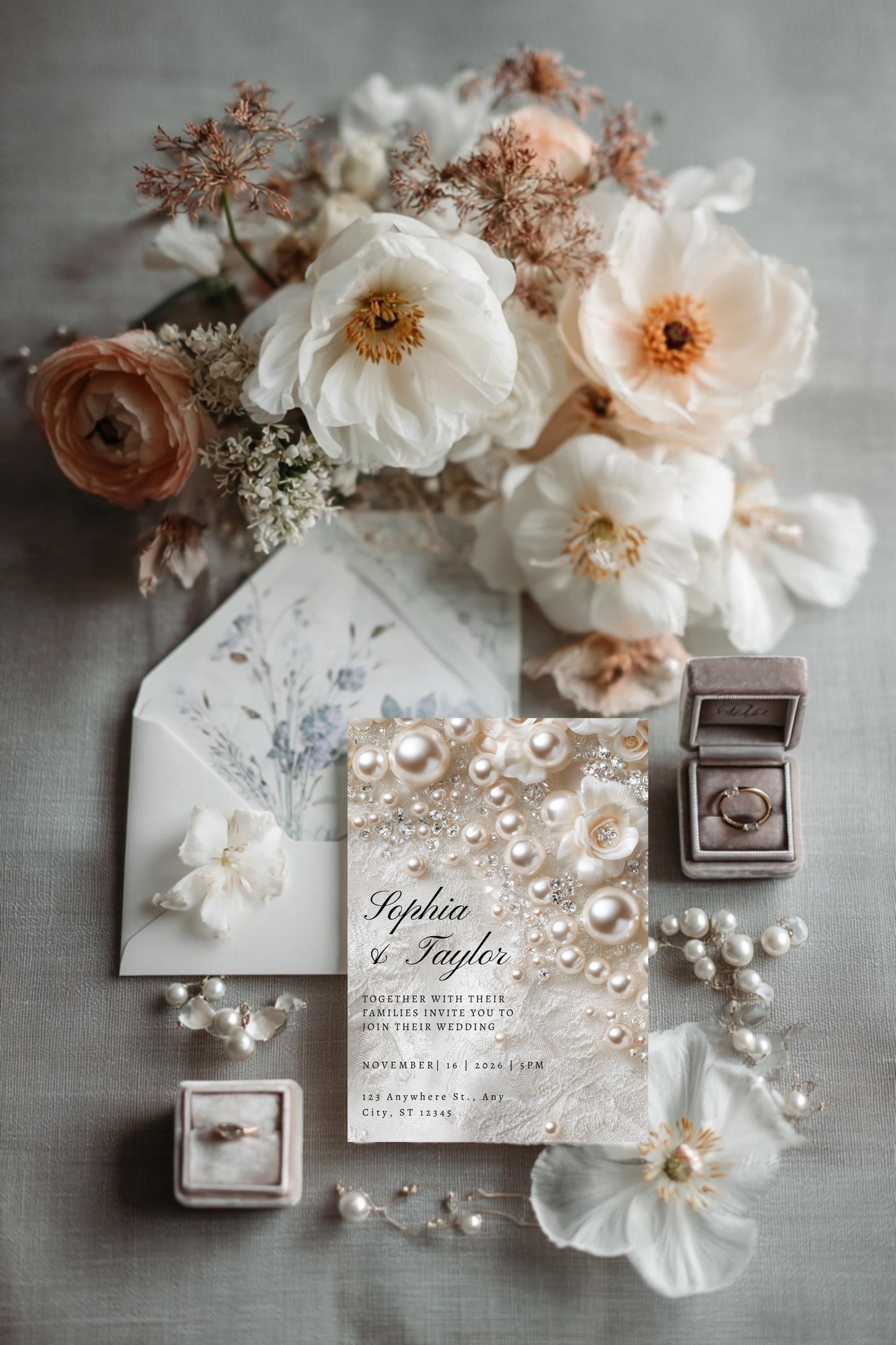 Romantic Pearl Wedding Invitation | Whimsical Elegant Wedding Template | Canva Editable Invite