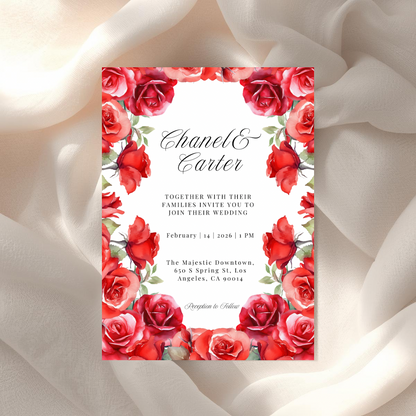 Red Rose Wedding Invitation Template | Romantic Floral Wedding Invitation | Editable Canva Wedding Invitations | Printable Invite Set