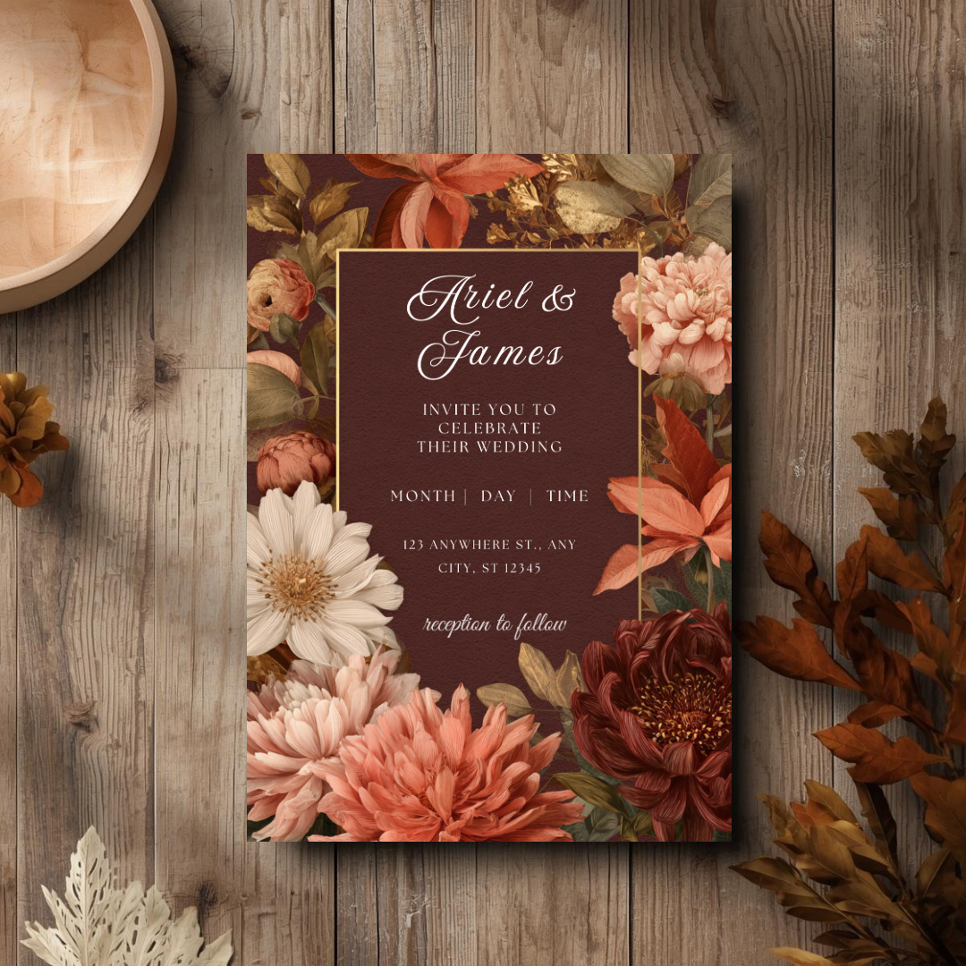Burgundy & Peach Floral Wedding Invitation Template | Elegant Fall Printable | Canva Design