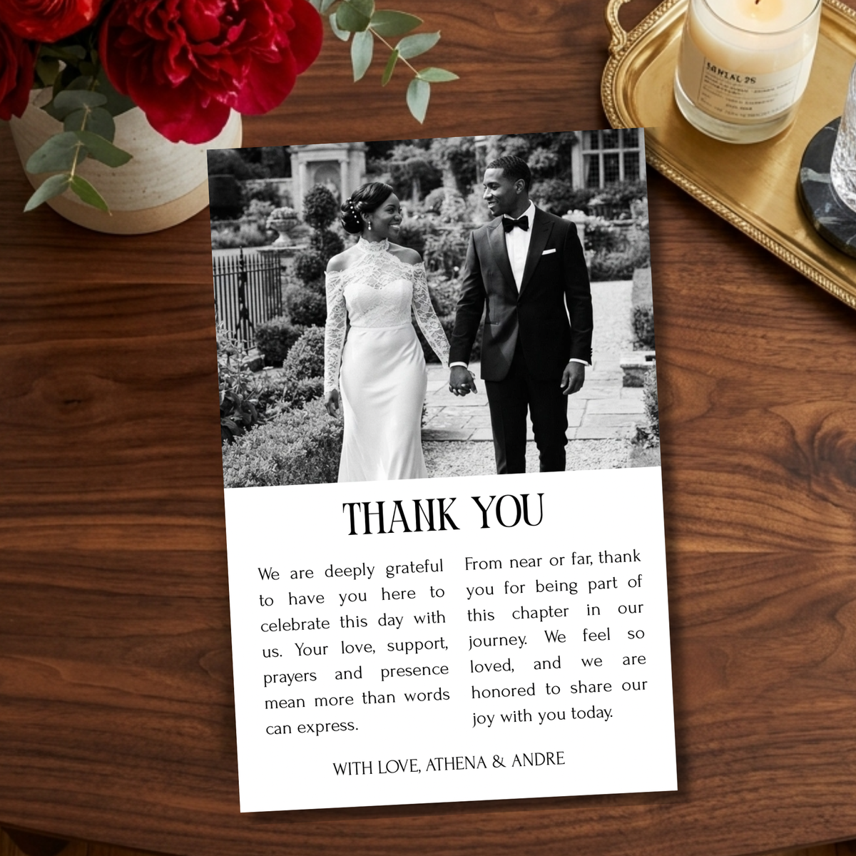 Wedding thank-you message card layout with black-and-white couple photo and text